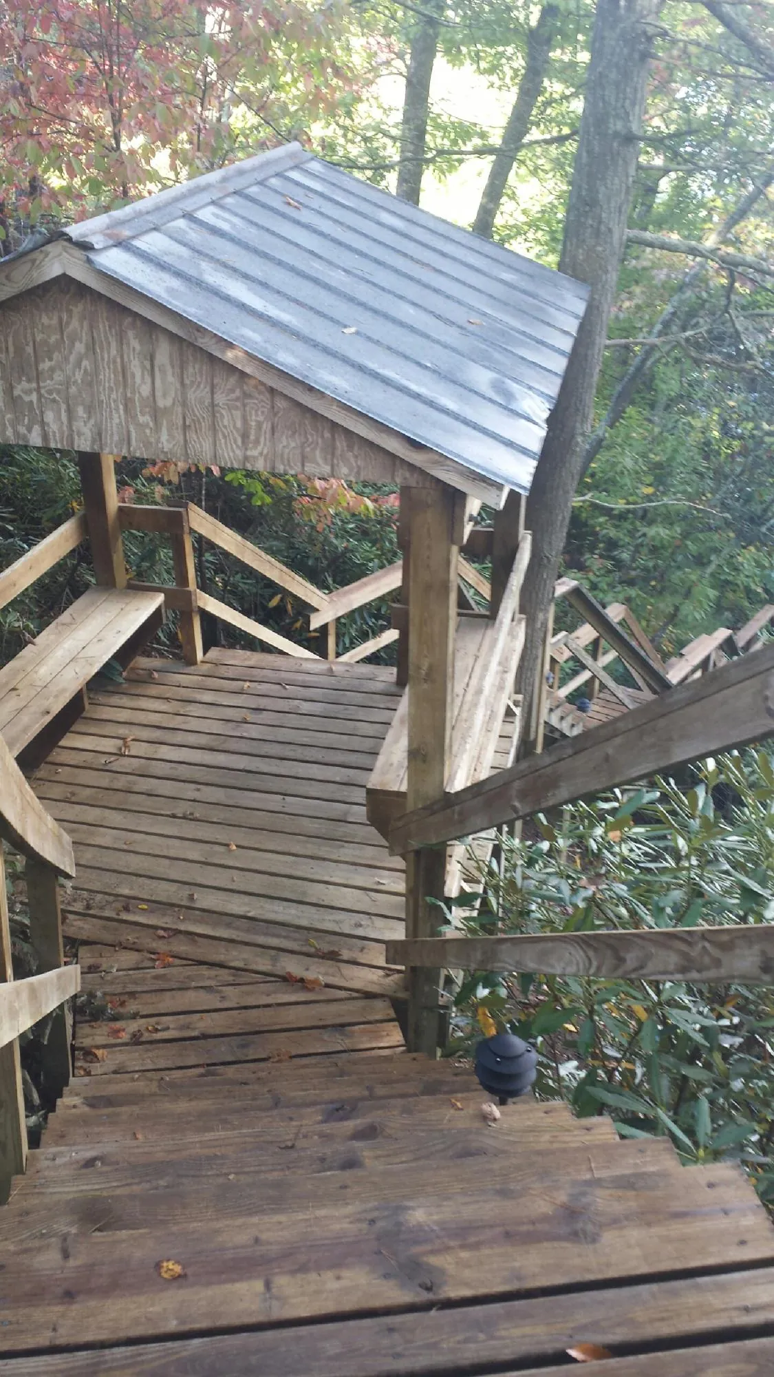 Metal roofed shelter over wooden steps on a wooded walkway — Skylight Repair & Installation work by our crew in Effort